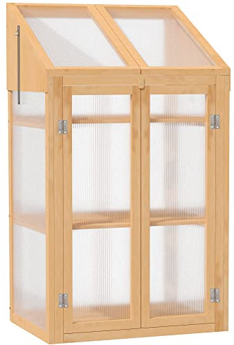 Outsunny Frühbeet aus Holz, Mini Gewächshaus 70 x 50 x 120 cm, Treibhaus mit Abdeckung, Fenster, Doppeltür, lichtdurchlässig Frühbeetkasten mit 3 Regale, Winterfest Hochbeet für Garten, Balkon, Braun