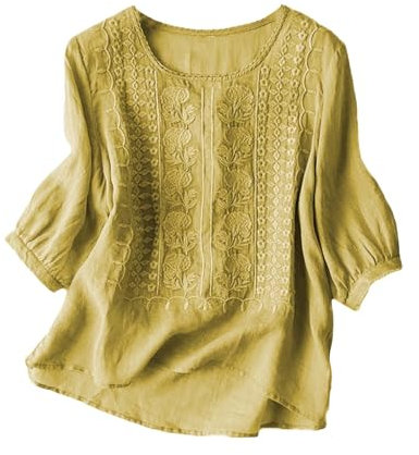 Angxiwan Linen Shirt Women Short Sleeve Linen Tops for Women UK Plus Size Short Sleeve Tunic Blouse Retro Jacquard T-Shirts Baggy Loose Fit Shirt Lightweight Flowy Cotton Blouses