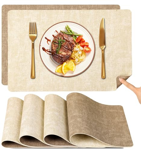 Myir JUN Tischset Abwaschbar &Untersetzer, Doppelseitige Platzsets 4er Set | Leder Platzsets Abwaschbar Kunstleder Schmutzabweisend & rutschfest, Platzdeckchen Abwischbar mit Lederoptik für Esszimmer