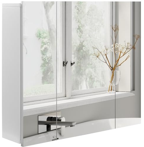 kleankin Bathroom Medicine Cabinet with Mirror Wall Mounted 3 Doors White | Bathroom Wall Cabinet with Mirror, Adjustable Shelves