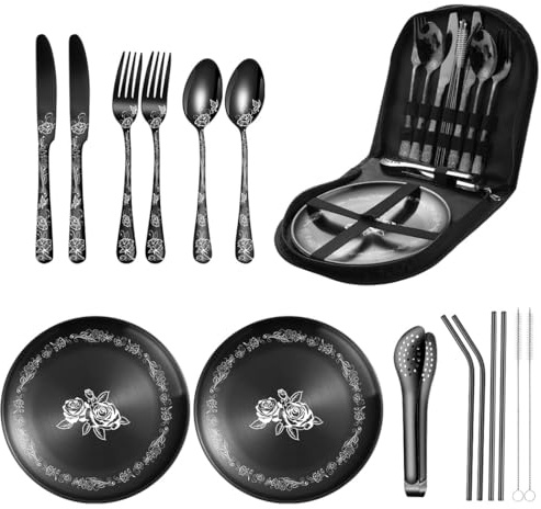 XIAOYU set di posate da campeggio in metallo da 16 pezzi per picnic con custodia portatile, stoviglie da campeggio per picnic per 2, kit di posate in acciaio inossidabile per esterni, nero