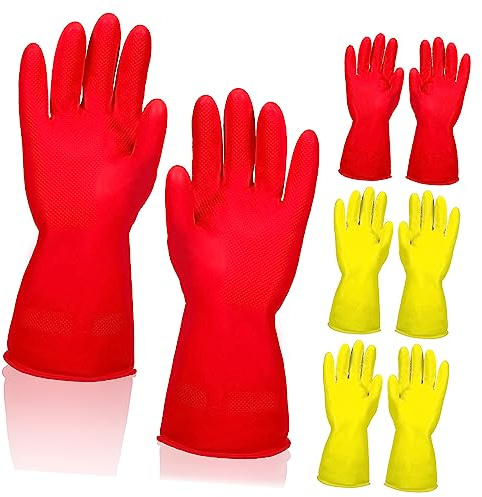 Veemoon Rubber Anti-skid Cleaning Gloves 4 Pairs l Size Yellow and Red Kitchen Dishwashing Household Washing Gloves Reusable Protective Mittens for Household Cleaning