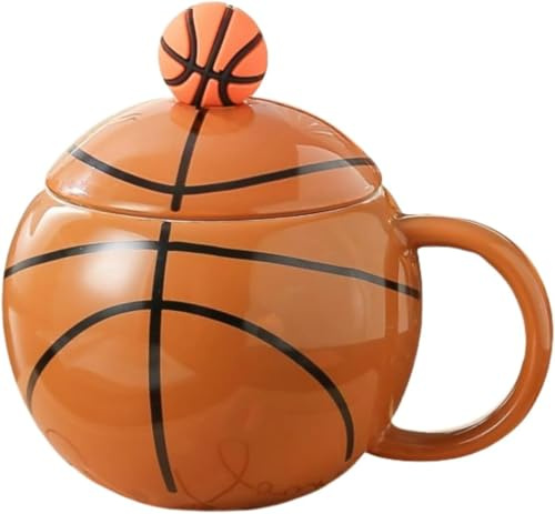 ZONSUSE Tasse Basket Ball, Mug Original de Basket-ball, Tasse à Café Sphère avec Couvercle, Cadeau Personnalisé pour Hommes Garçons Fille Anniversaire 420ml (Basketball B-Sans Cuillère)
