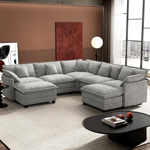 Ihanherry 114 V-Shaped Modern Sofa Modular Sectional Cloud Couch with 2 Ottoman, 7-Seat Chenille Deep Seat Sofa with Corner Section for Living Room, Bedroom and Apartment, Grey