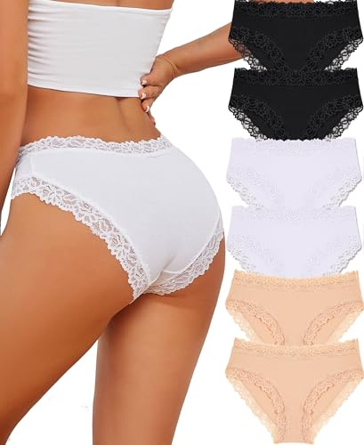 ALL OF SHE 6 Pezzi di Biancheria Intima da Donna in Cotone Brasiliano, Slip in Pizzo Morbido Hipster Sexy Panties Mutande da Donna morbide, Taglie Confezione,XL