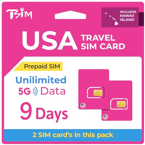 Prepaid SIM Card USA Travel – 2 Pack | 9 Days | Unlimited 5G Data, Calls & Texts on T-Mobile Network (Hawaii Included) | Upgraded 5G SIM Card!