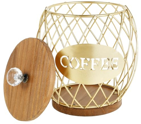 Support de tasse à café K en métal avec base en bois rustique et couvercle, 11 × 19 cm, capacité, organisateur de pod à expresso, décoration moderne pour plan de travail de cuisine (doré)