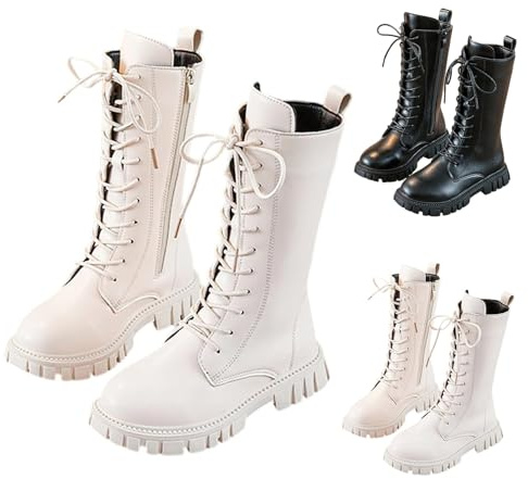 Girls Lace Up Riding Boots Mid Calf Combat Boots PU Leather Waterproof Fall Winter Side Zipper Punk Goth Boot Fashion Punk Non Slip Cowgirl Fleece Lined Solid Color 4-11 Years