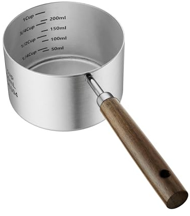 SSyang - Cuchara de comida para perros y gatos, 1 taza, taza medidora de acero inoxidable 304 con mango largo de madera, cuchara duradera para perros, gatos, conejos, fácil de limpiar con marcas de