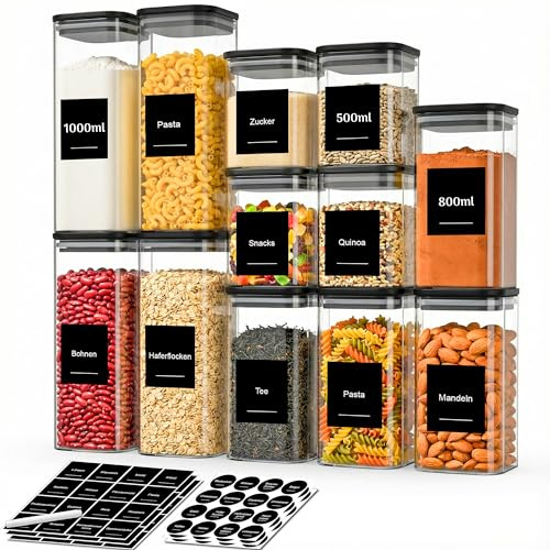 KEMDH Vorratsgläser mit Deckel luftdicht 12er Set, Vorratsdosen Glas mit Deckel, Glasbehälter für Küche, Aufbewahrungsgläser für Müsli, Kekse & Lebensmittel, Gesamtvolumen 9,2 Liter