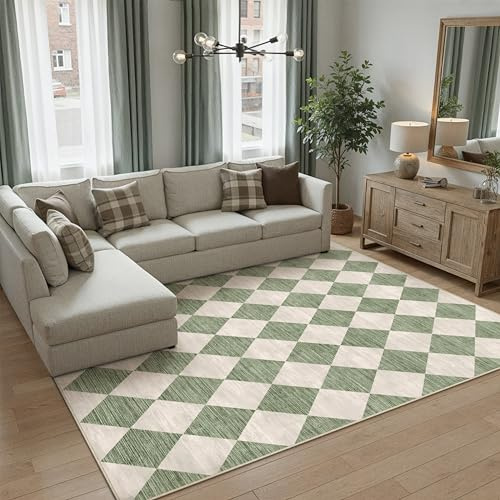 PureCozy Teppich 120x170cm Grün Waschbar Moderne Kariert | Moderner Karo Teppiche,Waschbar,Rutschfest,Weich,Kurzflor,für Wohnzimmer,Schlafzimmer,Esszimmer,Büro