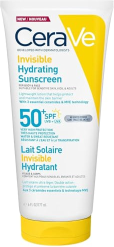 CeraVe Invisible Hydrating Sunscreen SPF 50+, Broad Spectrum UVB UVA Protection, With 3 Essential Ceramides, MVE Technology, Body and Face, For Sensitive Skin, Kids & Adults, Water Resistant, 177ml