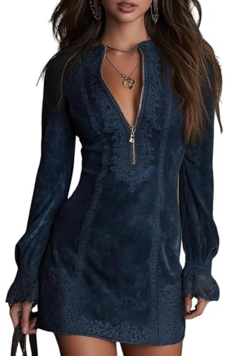 Mini robe vintage en daim synthétique à imprimé floral pour femme, manches longues, fermeture éclair, dentelle, robe courte moulante à col en V pour femme, bleu, XS