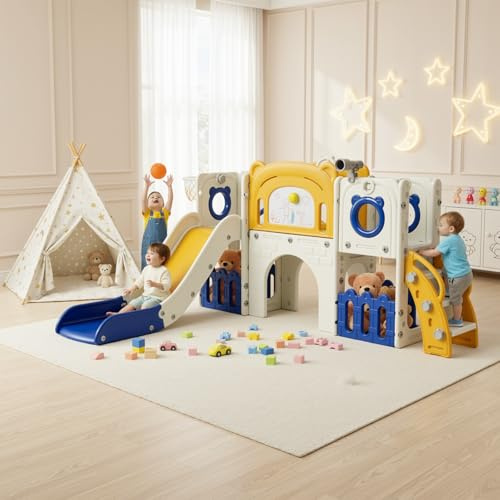 MAMIZO 10 en 1 Toboggan pour Tout-Petits, Toboggan Enfant Panier de Basket et Télescope, Jeu Exterieur Enfant, Aire de Jeux Intérieure et Extérieure, Stockage et Tunnel, mit 4PCS Moduls, Bleu et Jaune
