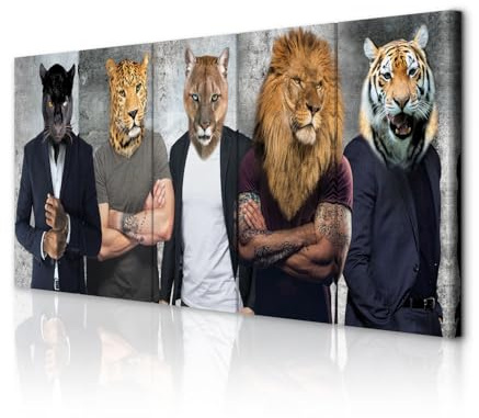 decomonkey Bilder Tiere Abstrakt 225x90 cm XXL 5 tlg. Leinwandbilder Bild auf Leinwand Vlies Wandbild Kunstdruck Wanddeko Wand Wohnzimmer Wanddekoration Deko Tiger Löwe