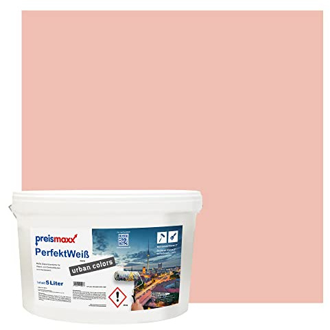 Preismaxx Perfektweiß Wandfarbe rosa matt 5L - Innenwandfarbe für kreative Wandgestaltung, Innenfarbe pfirsichrosa, hohe Deckkraft Klasse 2, Trendfarbe für Wohnzimmer, Akzentfarbe