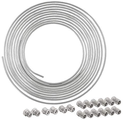 4LIFETIMELINES 25 ft 1/4 Stainless Steel Brake Line Replacement Tubing Coil and Fitting Kit, 16 Fittings Included, Inverted Flare, SAE Thread, 0.028 inch Wall Thickness