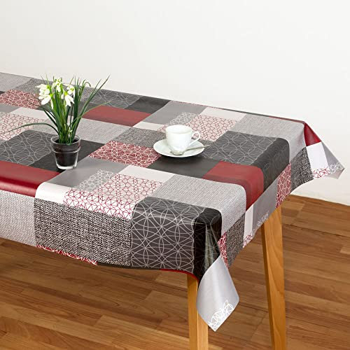 Mantel de Hule Huletec con Estampado de Cuadros Grises, Rojos y Blancos Mirka Red. Composición 100% PVC. (140_x_200_cm)
