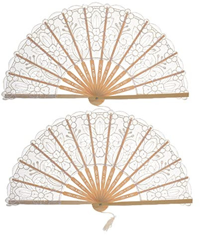 Koomuao 2 Stück Damen Handfächer Spitze Handfächer Hochzeitsfächer Faltfächer Klappfächer Fächer Ideal als Hochzeit Geschenk Party Kostüm (Beige)
