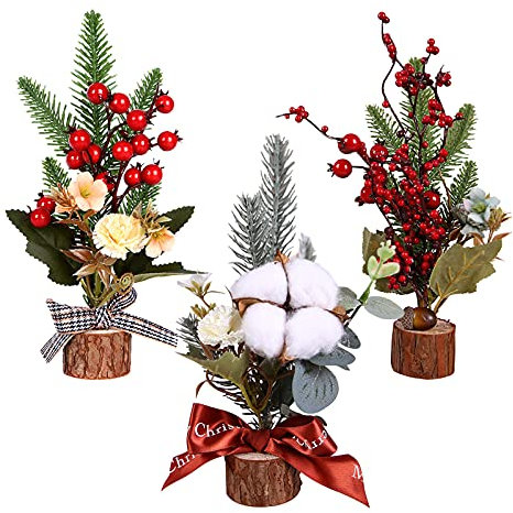 3 Piezas Mini árboles de Navidad de Mesa Pino de Escritorio con Frutos Rojos y Base de Madera Decoración de Vacaciones Adornos de Fiesta