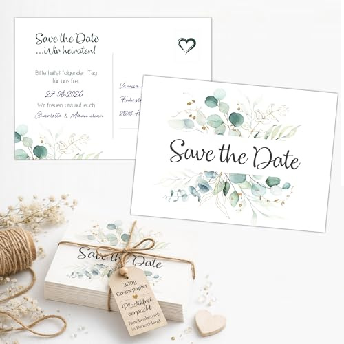 Kackspecht 40 Save the Date Karten für die Hochzeit im Set | Edles 300g Premium Cremepapier mit hochwertigen Druck | Deutsche Produktion und Plastikfrei verpackt | Postkarten Boho
