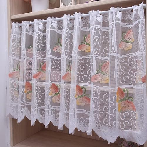 Devola Landhausstil Scheibengardine transparent Spitze Kurzgardine Romantisch Schmetterlings-Muster Bistrogardine Küche Vorhänge Elegant Cáfe Gardine Moderne Fensterschal BxH 200x60cm Weiß 1er Pack