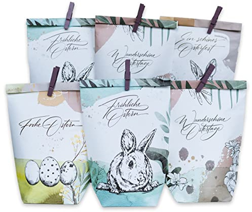 Papierdrachen 12 bedruckte Geschenktüten zu Ostern - Modern - ideale Geschenkidee oder Oster Dekoration - mit Holzklammern | Osternest zum Basteln und Verschenken - Set 7