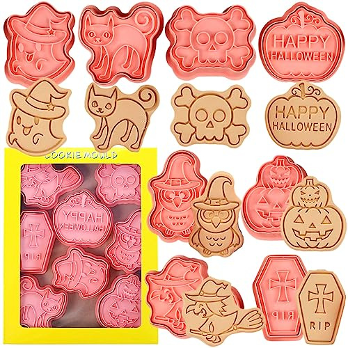 Halloween-Ausstechformen-Set, 8-teiliges Halloween-Ausstechformen-Set aus Kunststoff, Hexe, Geist, Totenkopf, schwarze Katze, Specht, Grabstein, Kürbisse, zum Backen in der Küche.