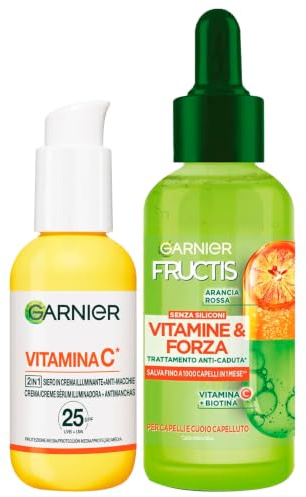 Garnier Fructis Vitamine und Stärke Behandlung gegen Haarausfall sprödes Haar mit Biotin und Vitamin C 125 ml + Skinactive Vitamin C Gesichtsserum in aufhellender und Anti-Flecken-Creme mit LSF25 50