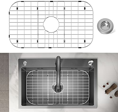 Stainless Steel Sink Protector 26x14 with Center Drain, Metal Sink Rack for Bottom of Sink, Kitchen Sink Grate and Sink Protectors with Sink Strainer (26 x 14 - Center Drain)