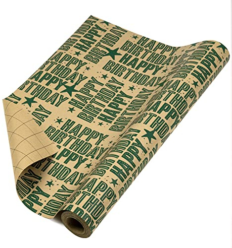 RUSPEPA Kraftpapierrolle – Grünes Happy Birthday-Muster, Ideal Für Geburtstag, Party, Babyparty – 44,5 cm X 10 m