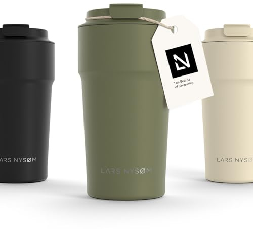 LARS NYSØM Thermo Coffee Mug-to-go 500ml | Tasse de voyage 0.5 litre avec isolation | Tasse thermique étanche en acier inoxydable pour le café et le thé (Olive Green, 500ml)
