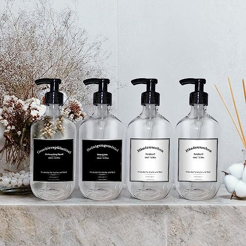 seifenspend Kunststoff, 4er Set Seifenspender 300ml mit Etiketten, pumpflaschen Set Badezimmer, Shampoo Flasche (300ml Transparent)