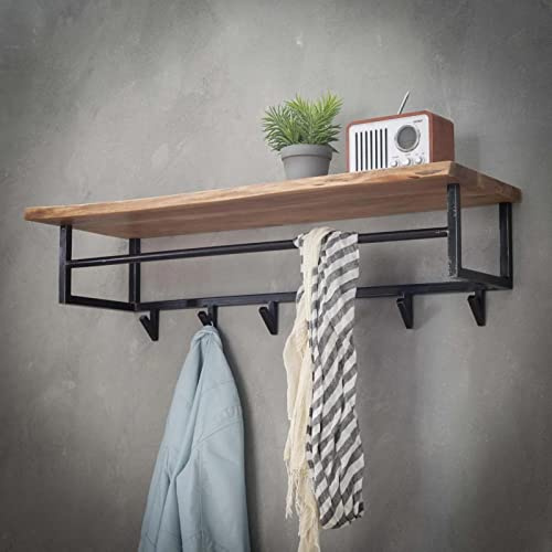 RINGO-Living Wandgarderobe Mit Ablage, Kleidergarderobe Aus Holz & Metall, Rustikales Wandregal, Wanddeko Im Industrial Style, Stylische Garderobe Für Den Flur