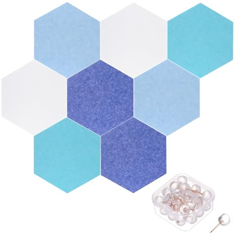 PATIKIL Tablón de Anuncios de Fieltro de 28 x 24 cm, 8 Pcs Baldosas Hexagonales Autoadhesivas de Fieltro para Insonorización, Paneles de Pared con 30 Chinchetas para Oficina en Casa, Set-E
