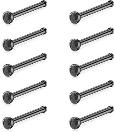 Decentraland 10 Stück Schwarz-Schwarz (I-förmiger Nasenring) Nasenstecker aus Chirurgenstahl/Titan für Damen-Nasenloch-Piercing-Schmuck, 20 g
