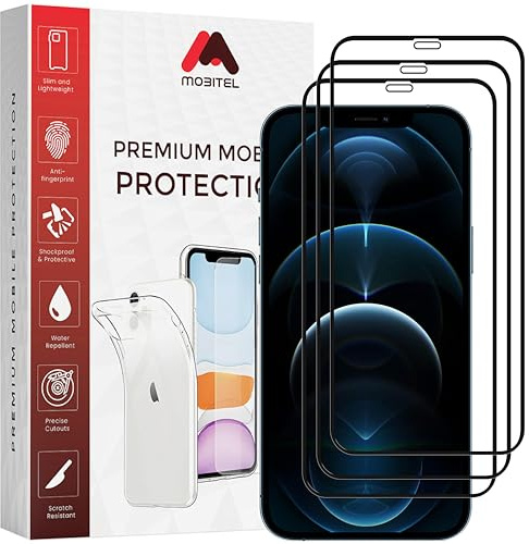Mobitel 3-Pack Tempered Full Coverage Glass Screen Protector 9H Hardness Anti-Bubble Anti-Scratch Case Friendly Easy Installation HD Clear (iPhone 12 Pro Max)