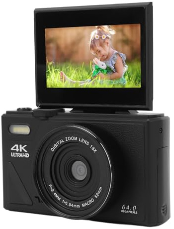 4K Digitalkamera, UHD 64MP Autofokus Vloggkamera med 18X Zoom, 3 Tum Fällbar Skärm, Kompakt Kamera för Pojkar Flickor Resor Fotografering Vloggning Svart