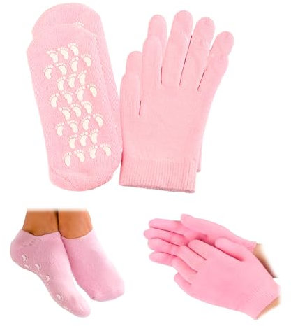 4Pcs Foot Moisturiser Gel Socks with Gel Gloves Silicone Pedicure Moisturizing Socks and Women Dry Hands Beauty Effective in Repair Softening Dry and Chapped Hands and Feet Skin Care-Pink