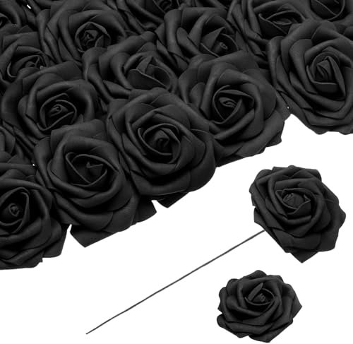 QUARKZMAN 25 Stück Schaumrosen Künstliche Blumen, Gefälschte Rosen mit Stielen Schaum Real Touch Faux Rosen für Hochzeit Party Büro Duschen Hausdekoration, Schwarz