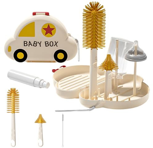 Flaschenbürste Baby,Guador 7-In-1 Babyflaschen Bürste,Tragbarer Trockenständer Kompaktwagen Babyflaschen Trockenständer,Baby Flaschenbürste Set,Seifenspender,Flaschentrockengestell,Bpa-Frei,Beige