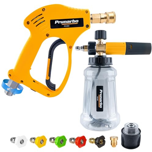 Prunarbo Pistolet de nettoyeur haute pression avec canon à mousse, adaptateur de tuyau à montage rapide compatible avec Karcher K2-K7, 5 buses de pulvérisation, bouteille en mousse de 1 L (PR-M02-B)