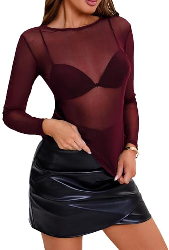 Eisnnu Women's Sheer Mesh Sexy Transparent Tops Ladies Basic Long Sleeve Top Party Shirt Clubwear (UK, Alpha, L, Regular, Regular, Red)