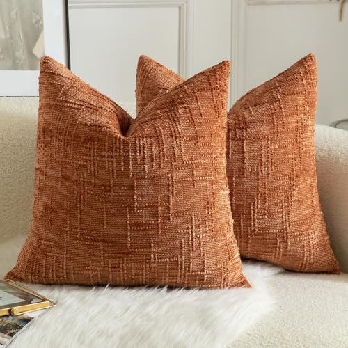 Mandioo Pack of 2 Solid Decorative Soft Chenille Burnt Brick Cushion Covers 40x40cm 16x16 Inch Lumbar Accent Solid Throw Pillow Case Soft Cozy Luxury Pillow Covers for Sofa Couch Bedroom