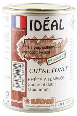 PATE A BOIS IDEAL CELLULOSIQUE 250 ML/Mastic cellulosique prêt à l'emploi à base de farine de bois naturel BIOSOURCE/Pour la restauration des petits défauts, fentes du bois. (CHENE FONCE)