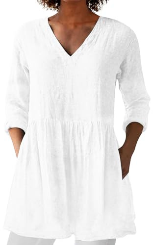 Leinenbluse Damen, Blusenshirt Langarm Sommer Leinen Shirt Sommerblusen Leicht Strand Tunika Luftig Boho Elegante Oberteile Tshirt Longshirt Blusen & Tuniken Für Damen