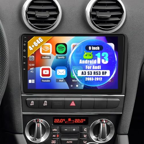 4+64G Car Stereo for Audi A3 S3 RS3 8P 2003 2004 2005 2006 2007-2012 for Carplay Android Auto Radio Player with 9Inch Touchscreen FM/RDS Mirror Link SWC Split Screen Bluetooth GPS NAV Wi-Fi AHD Camera