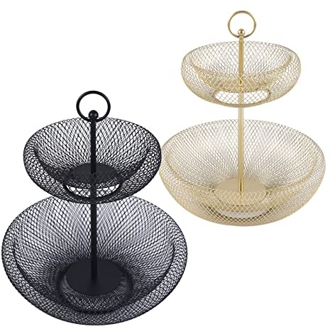 SailorMoon Frutero de 2 pisos, 2 niveles, capacidad de carga de 10 kg, frutero de hierro, práctica cesta de frutas, cesta de verduras para fiestas, bodas y uso en la cocina, color negro