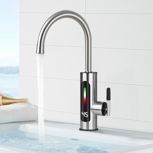 XPJBKC Instant Hot Water Tap, 220V 3000W Electric Water Heater Tap with Digital Display, 360° Rotatable Stainless Steel Electric Hot Water Tap, Electric Hot Water Faucet for Kitchen Sink Bathroom