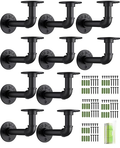 HOMGEN 10Pack Pipe Shelf Brackets Industrial Pipe Floating Shelf Brackets Withstand 20KG Heavy Duty Brackets with Screw Accessories Iron Wall Brackets for Bookshelf Scaffolding Board (15 X 8 cm)